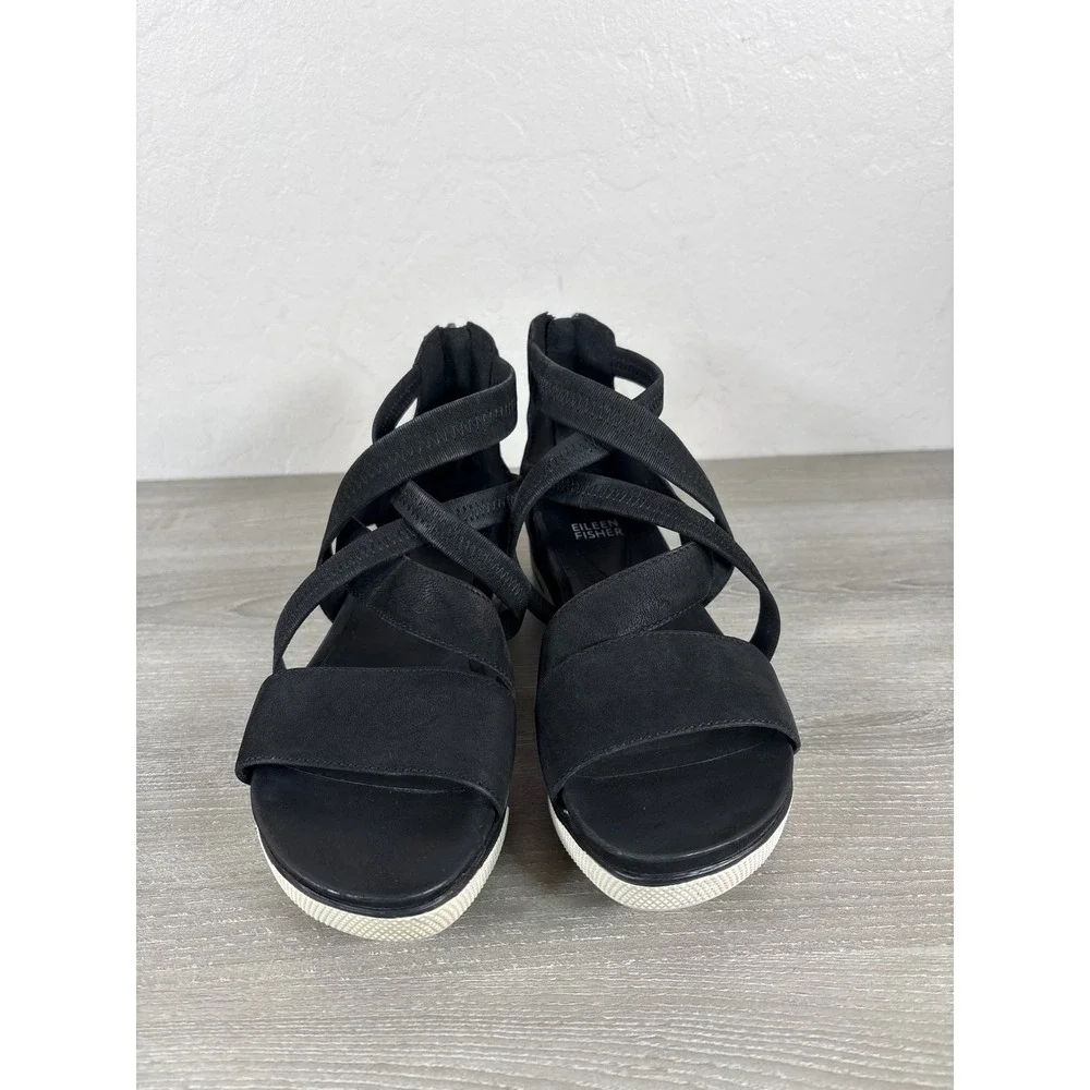 Eileen Fisher Skill Tumbled Sneaker Sandals Black Nubuck Elastic Strappy Zip 7.5